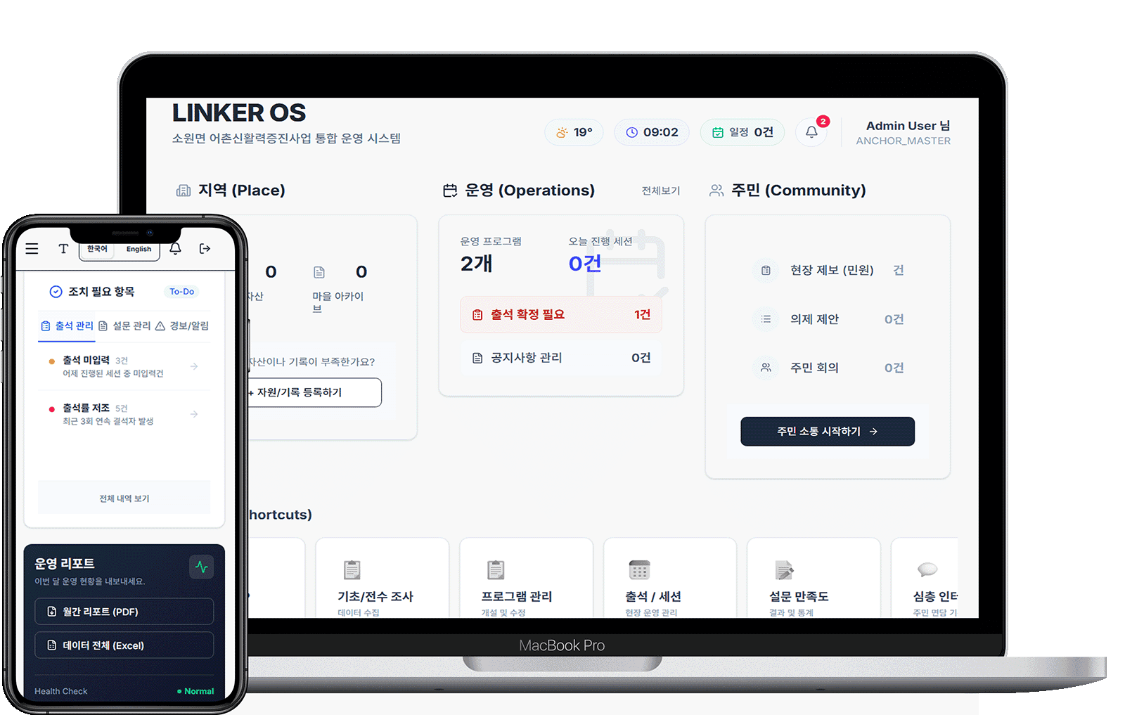 소멸인구 지역 주민사업 증진 플랫폼의 운영 대시보드와 모바일 현장 화면